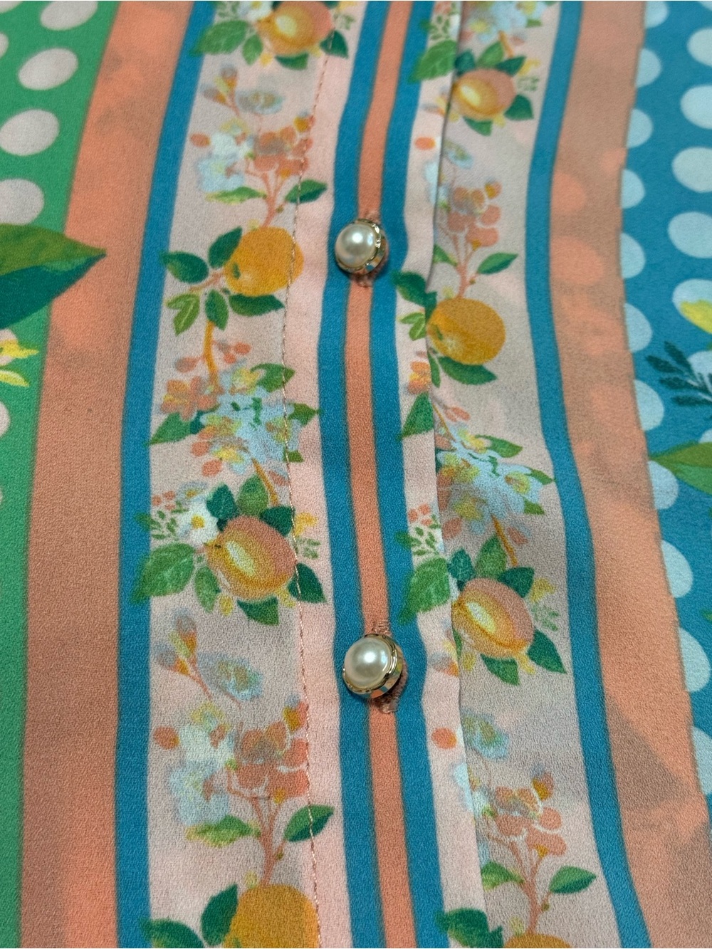 Rose & Olive Lemon Fruit Floral Pearl Button-Front Blouse Patchwork 3/4 Sleeves - Picture 6 of 8